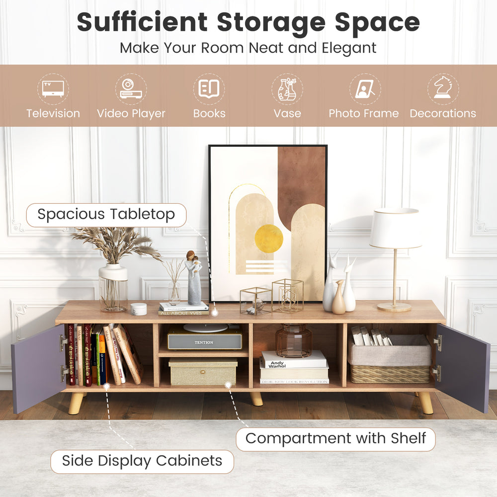 TV stand cabinet with spacious tabletop, side display cabinets, and shelf, perfect for living room organization.