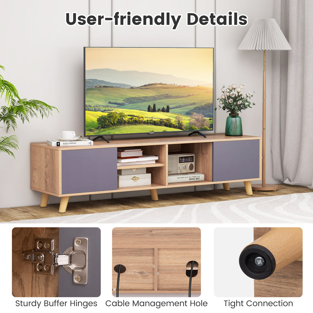 TV stand cabinet with open shelf, designed for TVs up to 65 inches, featuring cable management holes and a minimalist.