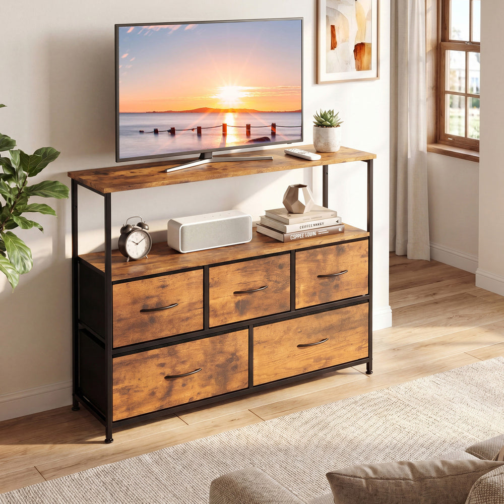 TV stand dresser in brown with five fabric drawers, designed for 45-inch TVs, perfect for entertainment centers.
