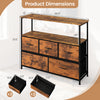 TV stand dresser with five fabric drawers, showcasing dimensions and a brown finish for 45-inch TVs.
