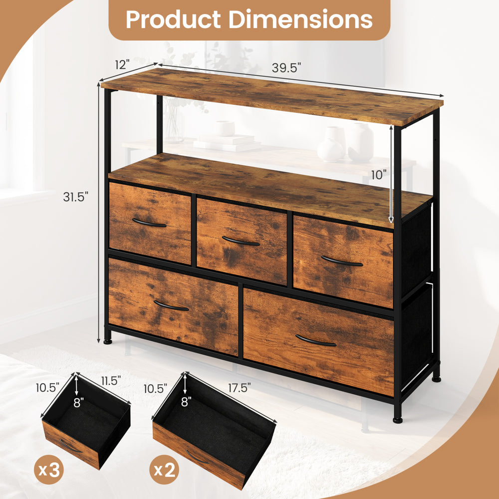 TV stand dresser with five fabric drawers, showcasing dimensions and a brown finish for 45-inch TVs.