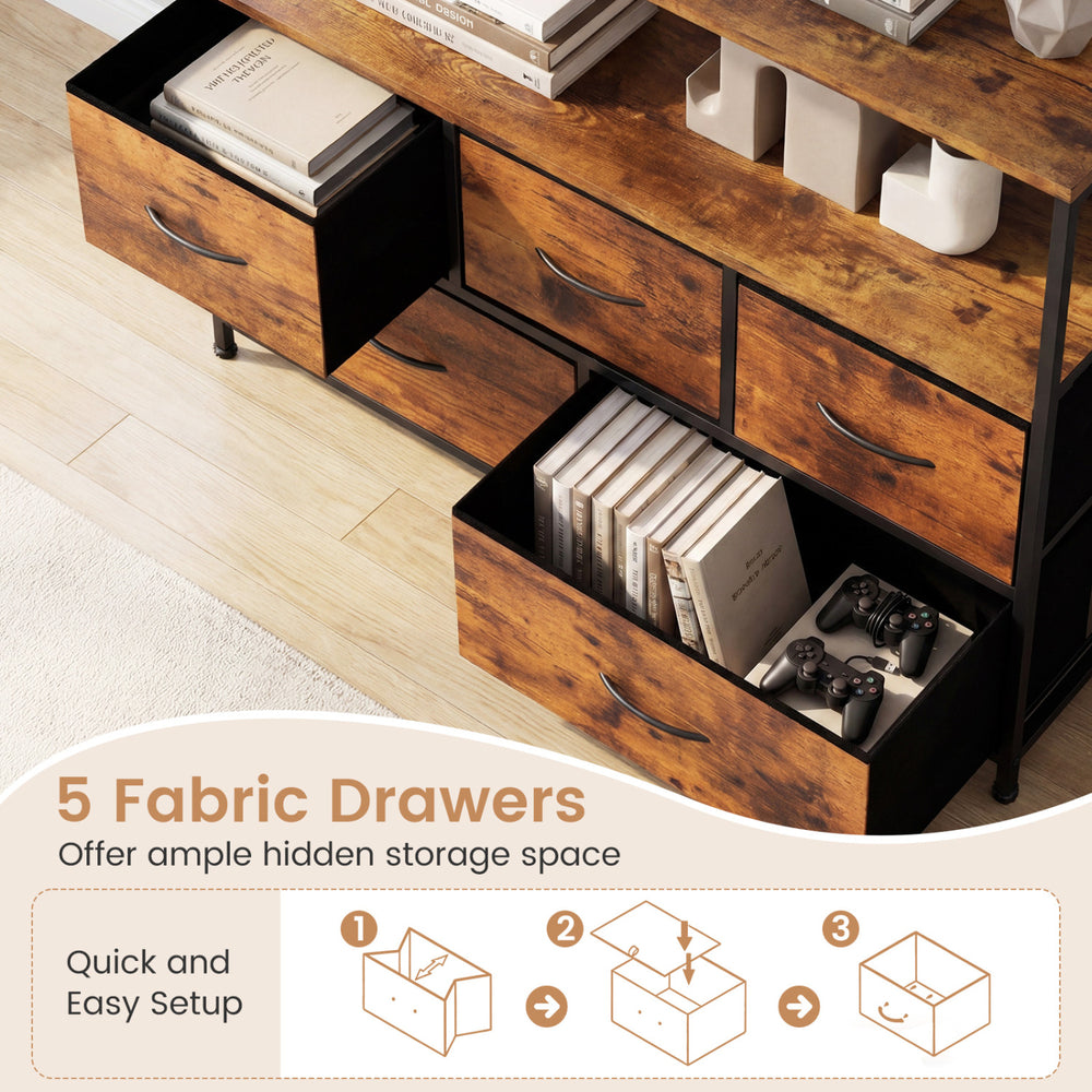 TV stand dresser with 5 fabric drawers in brown, providing ample hidden storage for entertainment essentials.
