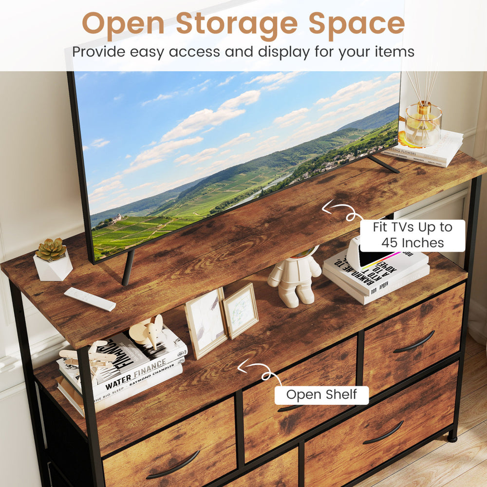 TV stand dresser in brown with open shelf and five fabric drawers, designed for TVs up to 45 inches.