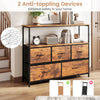 TV stand dresser with five fabric drawers in brown, designed for 45-inch TVs, featuring anti-tipping devices for safety.