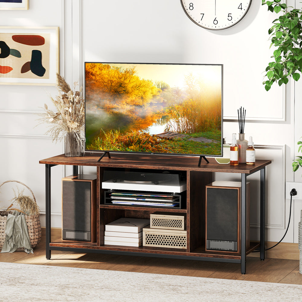 Rustic brown TV stand with open storage shelves, accommodating TVs up to 50 inches, featuring built-in power outlets.
