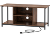 Rustic brown TV stand with open storage shelves, accommodating TVs up to 50 inches and featuring built-in power outlets.