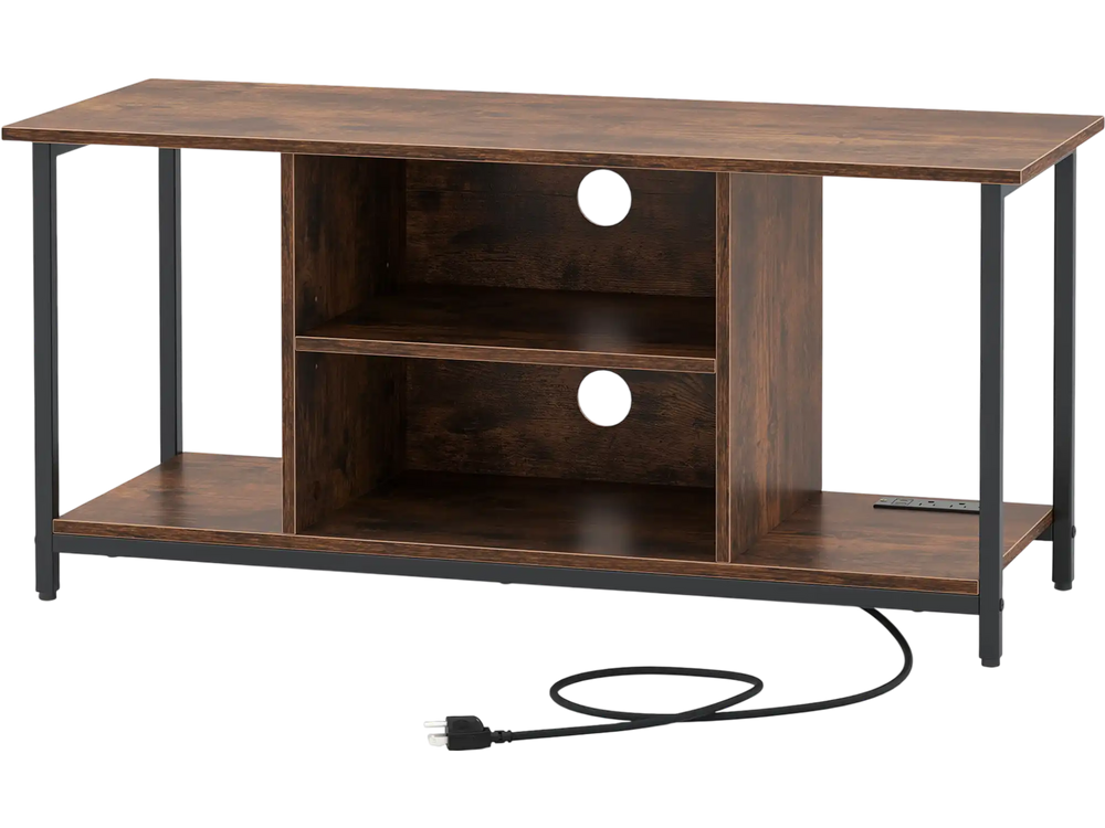Rustic brown TV stand with open storage shelves, accommodating TVs up to 50 inches and featuring built-in power outlets.