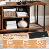 Rustic brown TV stand with open storage shelves, built-in charging station, and 2 AC outlets for convenient media.