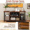 TV stand in rustic brown with open storage shelves, adjustable shelf, and built-in power outlets for media organization.