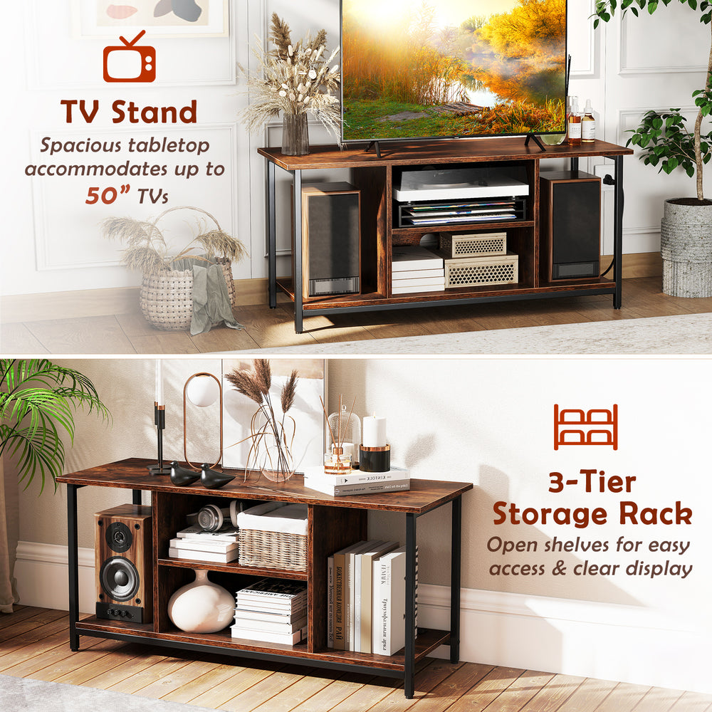 Rustic brown TV stand with open storage shelves, accommodating TVs up to 50 inches, ideal for media organization.