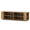 Modern wood TV stand with natural finish, featuring 4 open compartments and 5 raised legs for sturdy support.