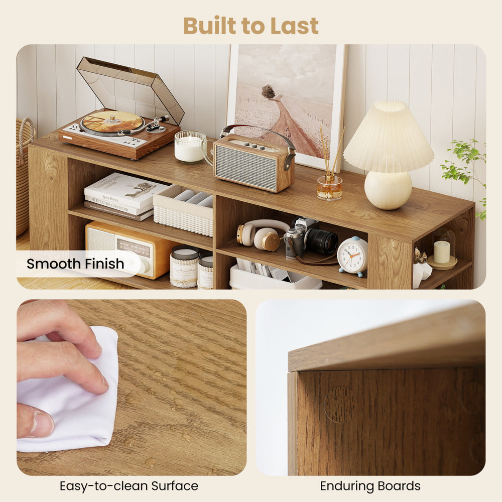 Modern wood TV stand with smooth finish, ample storage, and enduring boards for versatile home entertainment use.