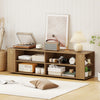 Modern wood TV stand with four open compartments and side shelves, perfect for entertainment and storage in any home.