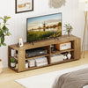 Modern wood TV stand with natural finish, featuring wide tabletop and open compartments for versatile entertainment.