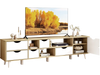 TV stand for TVs up to 65”, featuring oak finish, 5 drawers, and 3 open shelves for versatile media storage.