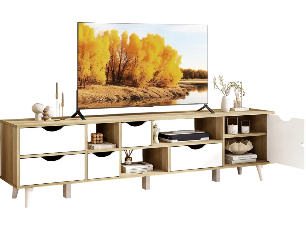 TV stand for TVs up to 65”, featuring oak finish, 5 drawers, and 3 open shelves for versatile media storage.