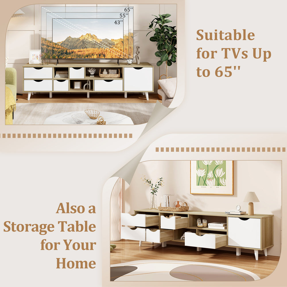 TV stand for TVs up to 65” with 5 drawers and 3 open shelves, featuring oak finish for stylish media storage.