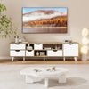 Modern TV stand for TVs up to 65”, featuring 5 drawers and 3 open shelves in oak finish for stylish media storage.