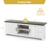 Dimensions of the TV stand with 2 cabinets and open shelves, designed for TVs up to 65 inches, in black finish.