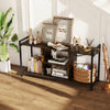 Rustic brown TV stand with 3 open shelves, supporting up to 55" TVs, featuring a robust metal frame for stability.