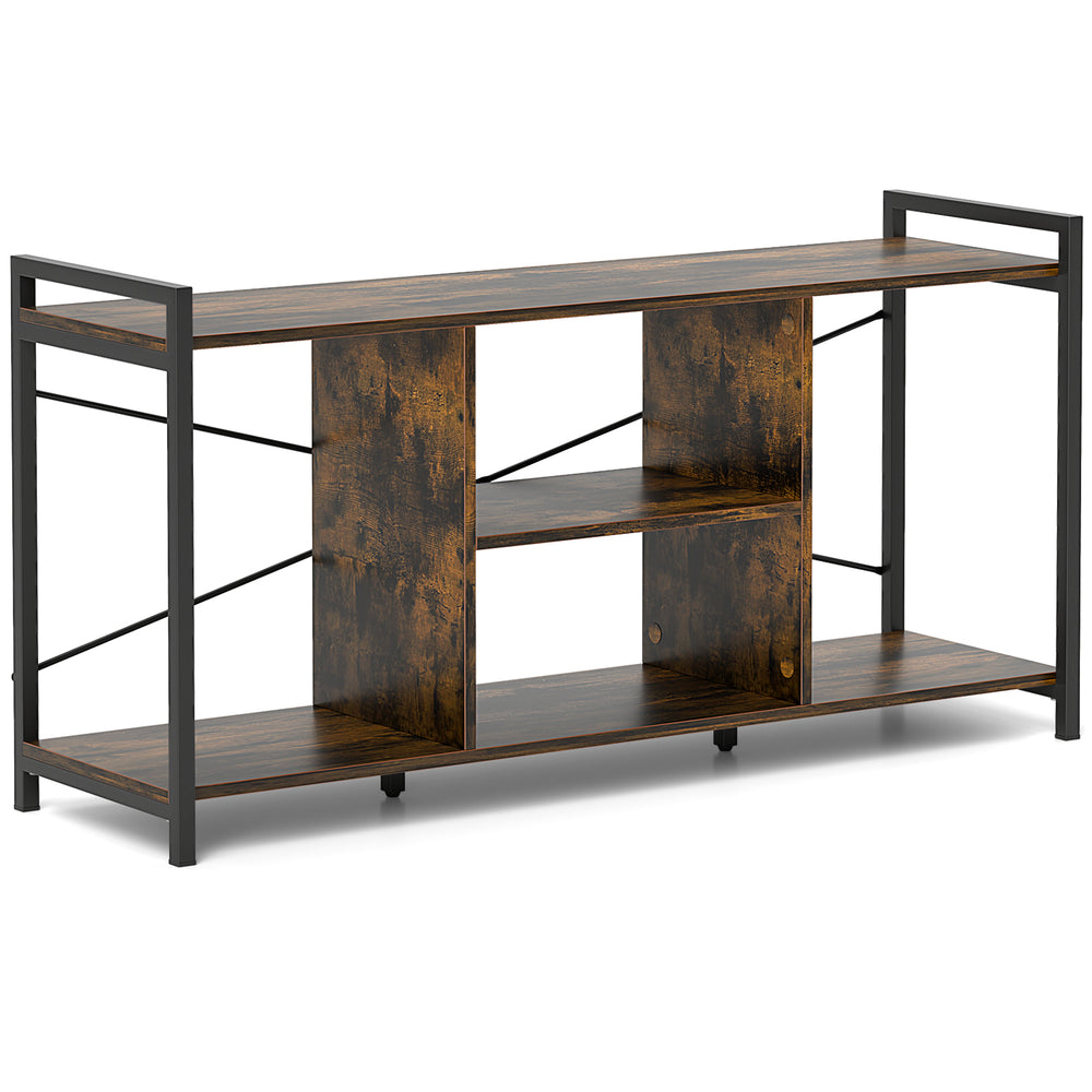 Industrial TV stand in rustic brown with 3 open shelves, supporting up to 55" TVs, featuring a robust metal frame.