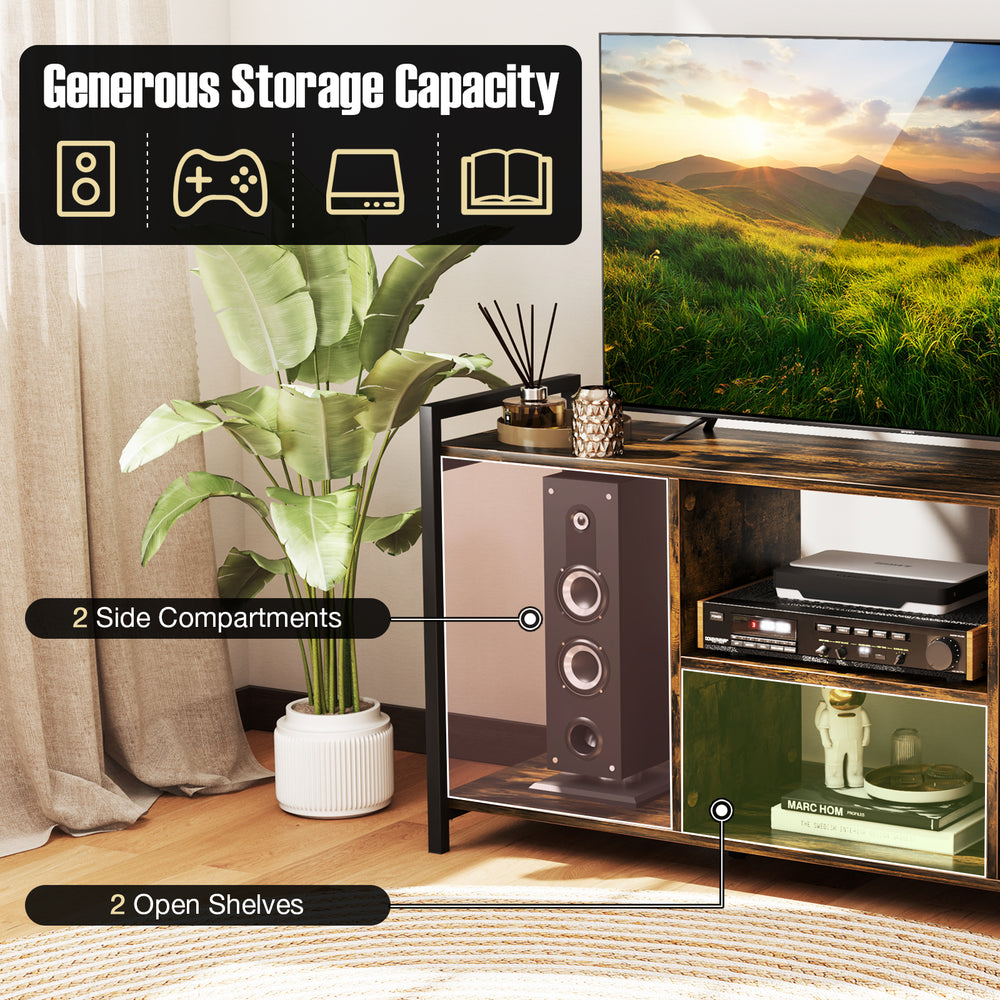 TV stand with rustic brown finish, featuring 3 open shelves and robust metal frame for 55" TVs and generous storage.