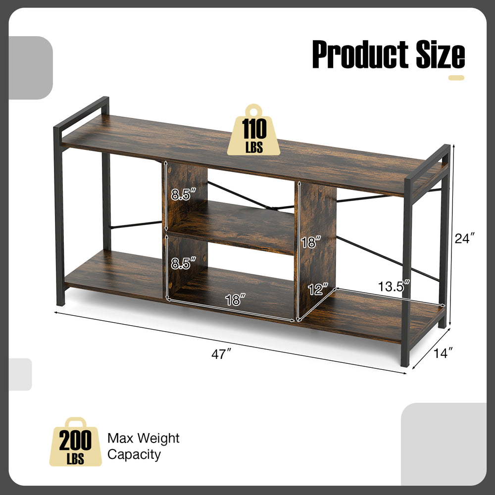TV stand with 3-tier open shelves in rustic brown, supporting 55" TVs, featuring a robust metal frame and anti-tipping.