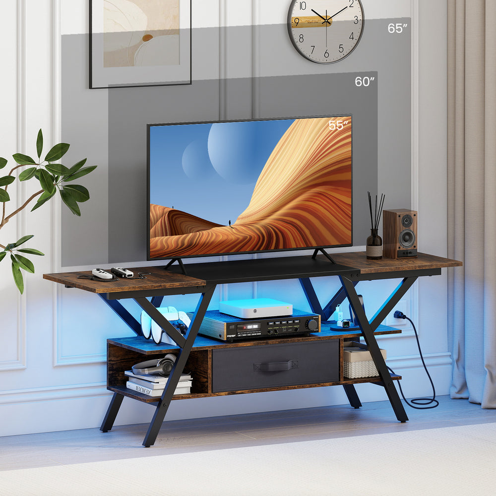 TV stand in rustic brown for 65-inch TVs, featuring adjustable LED lights, storage drawer, and built-in power outlets.