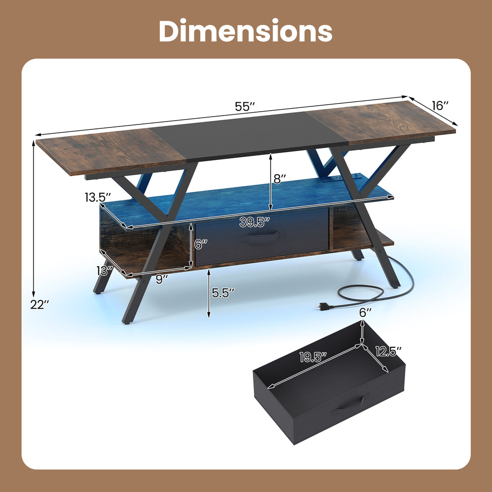 Dimensions of the rustic brown TV stand for 65-inch TVs, featuring adjustable LED lights and built-in power outlets.