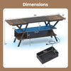 Dimensions of the rustic brown TV stand for 65-inch TVs, featuring adjustable LED lights and built-in power outlets.