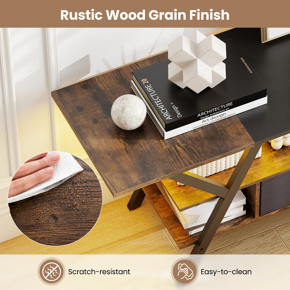 Rustic wood grain finish detail of the TV stand, showcasing scratch-resistant and easy-to-clean surface for modern.