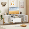 White TV stand for 70-inch TV featuring open shelves, drawers, and built-in power outlets for convenient media storage.
