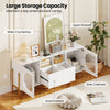 TV stand with open shelves, dual drawers, and side cabinets in white, designed for 70-inch TVs and ample storage.