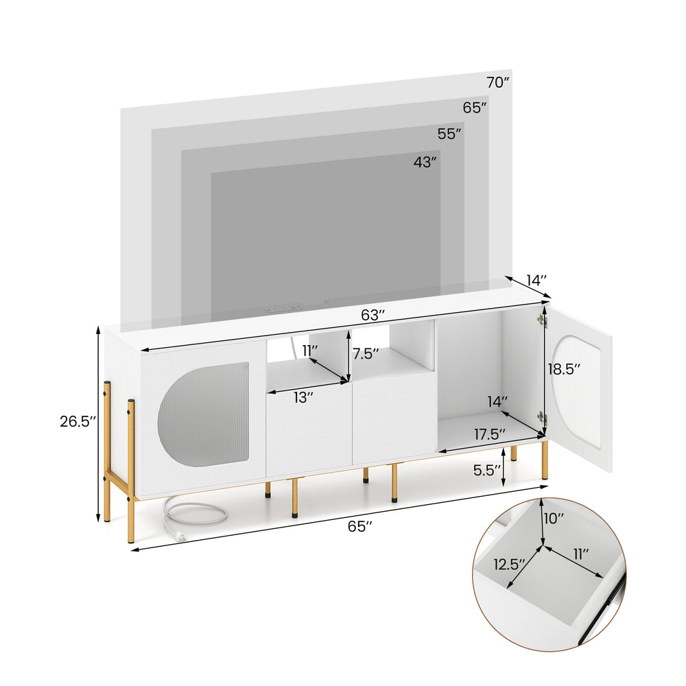 TV stand for 70 inch TV with white finish, drawers, open shelves, and built-in power outlets for versatile storage.