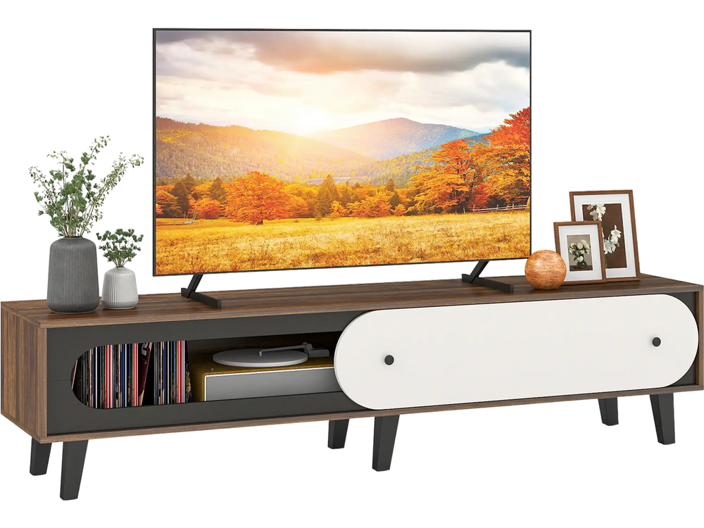 Mid-century modern TV stand in walnut finish with sliding door cabinet, designed for 80-inch TVs and organized storage.