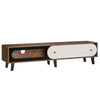 Mid-century modern TV stand in walnut with sliding door cabinet, fitting TVs up to 80 inches, featuring ample storage.