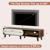Mid-century modern TV stand in walnut, fitting TVs up to 80", featuring sliding door cabinet and ample storage space.