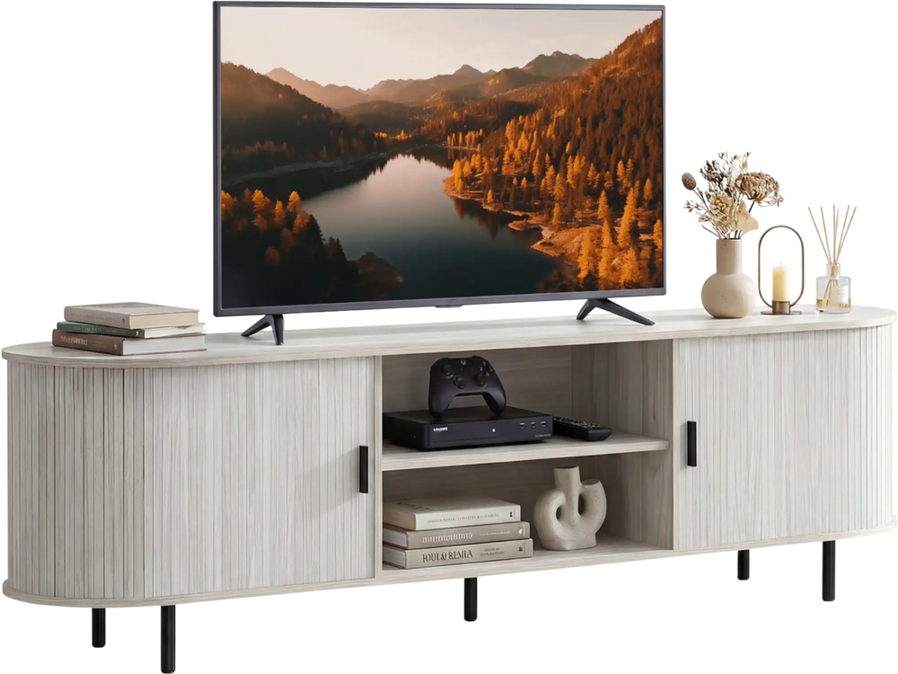 Mid-century modern TV stand with fluted sliding doors, spacious for 80-inch TVs, featuring open and enclosed storage.