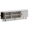 Mid-century modern TV stand with fluted sliding doors, ample storage, and curved edges for TVs up to 80 inches.