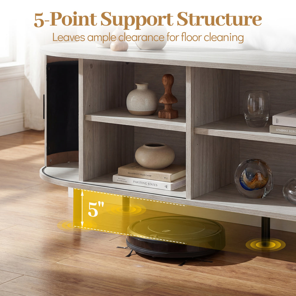 Mid-century modern TV stand with fluted sliding doors, 5-point support structure, and ample storage for 80-inch TVs.