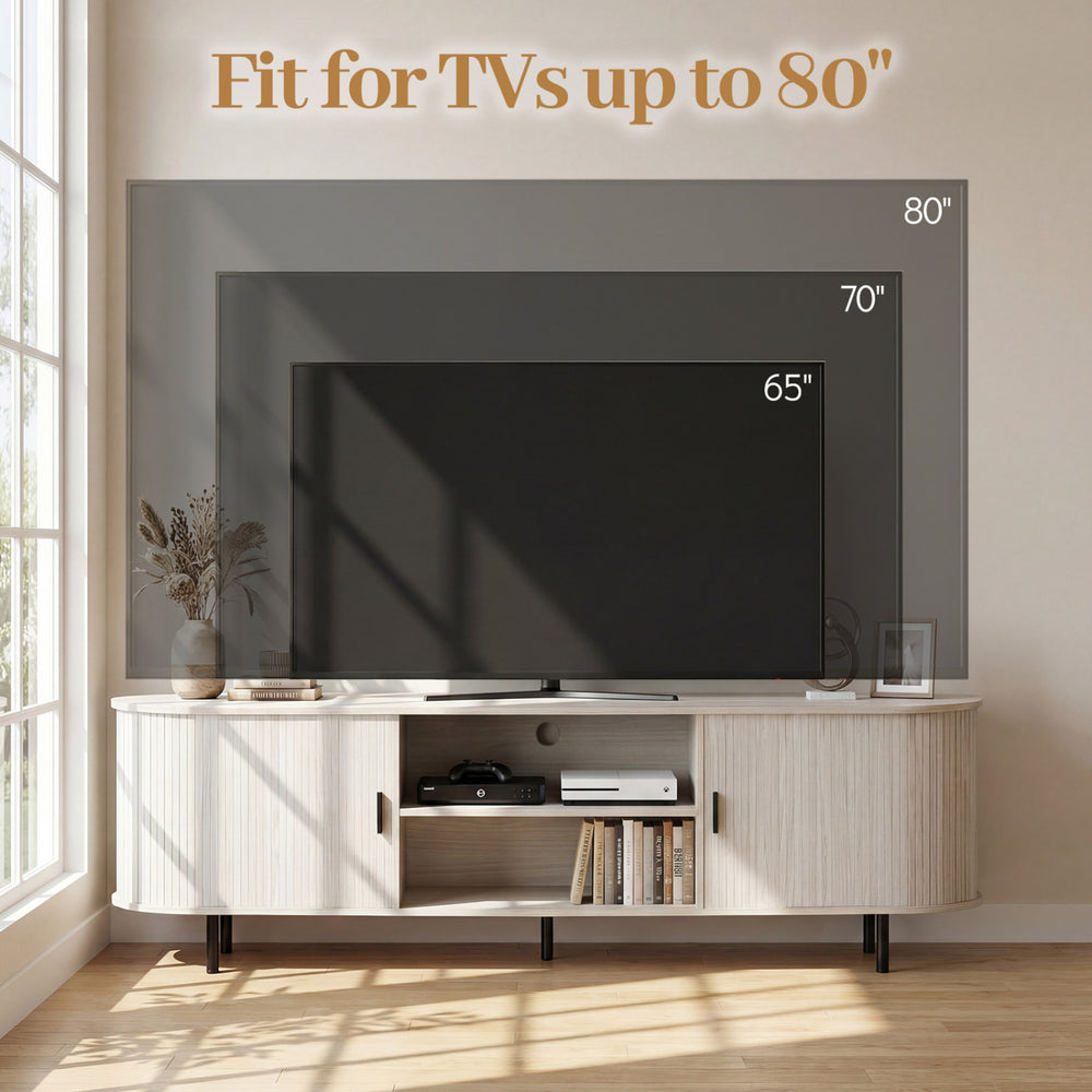 Mid-century modern TV stand for 80-inch TVs with fluted sliding doors and ample storage for game consoles and books.