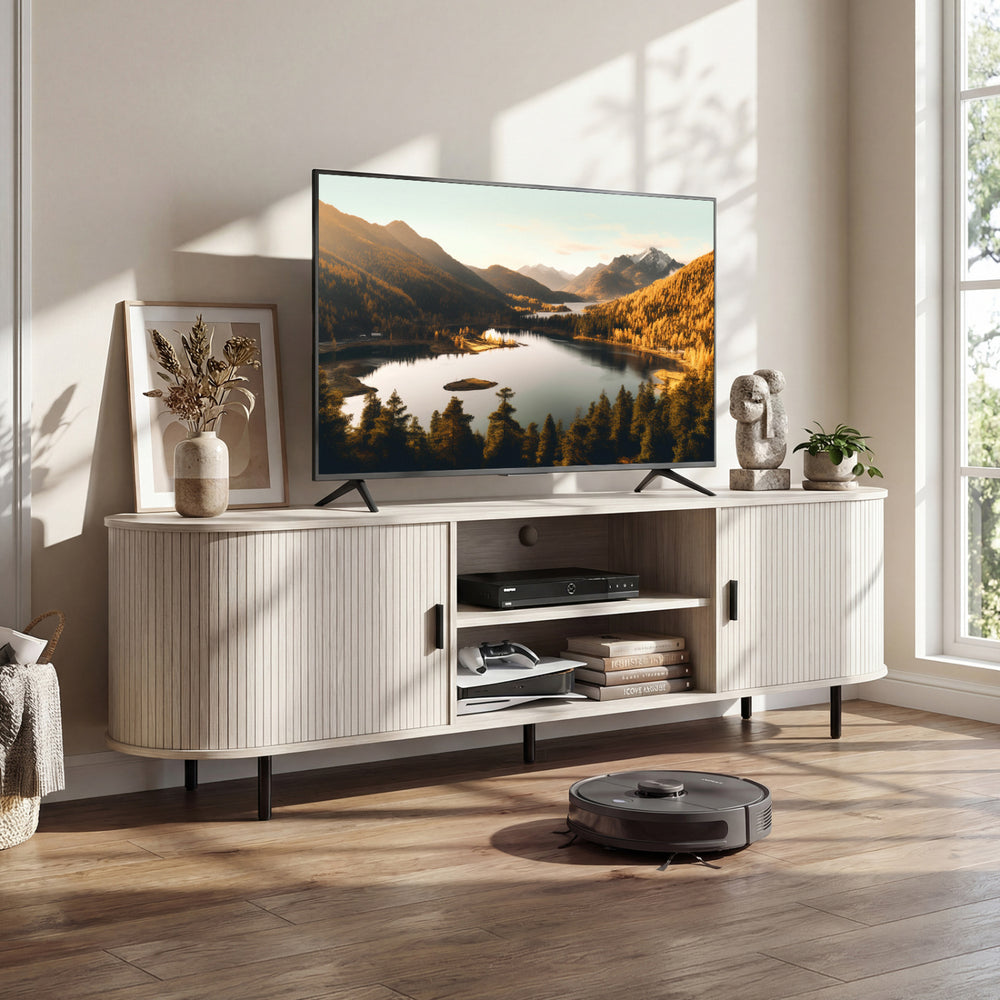Mid-century modern TV stand with fluted sliding doors, ample storage for 80-inch TVs, perfect for stylish entertainment.