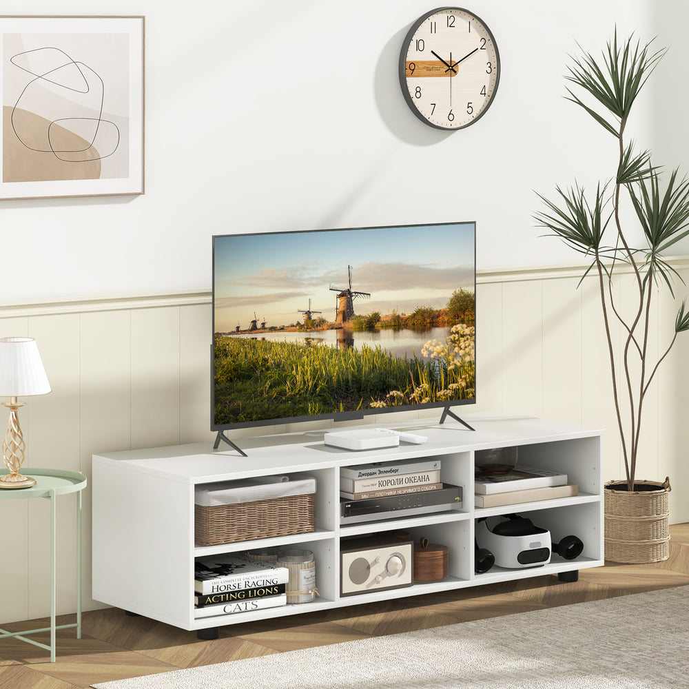White TV stand featuring a spacious tabletop and 5-position adjustable shelf, suitable for TVs up to 55 inches.