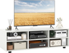 White TV stand with a spacious tabletop and 6 open cubbies, designed for TVs up to 55 inches, ideal for organized.