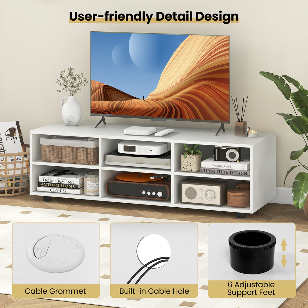 TV stand in white for TVs up to 55 inches, featuring 6 storage compartments and cable management holes for organization.