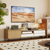 Mid-century modern TV stand for TVs up to 80 inches, featuring storage cabinets and drawers for organized living room.