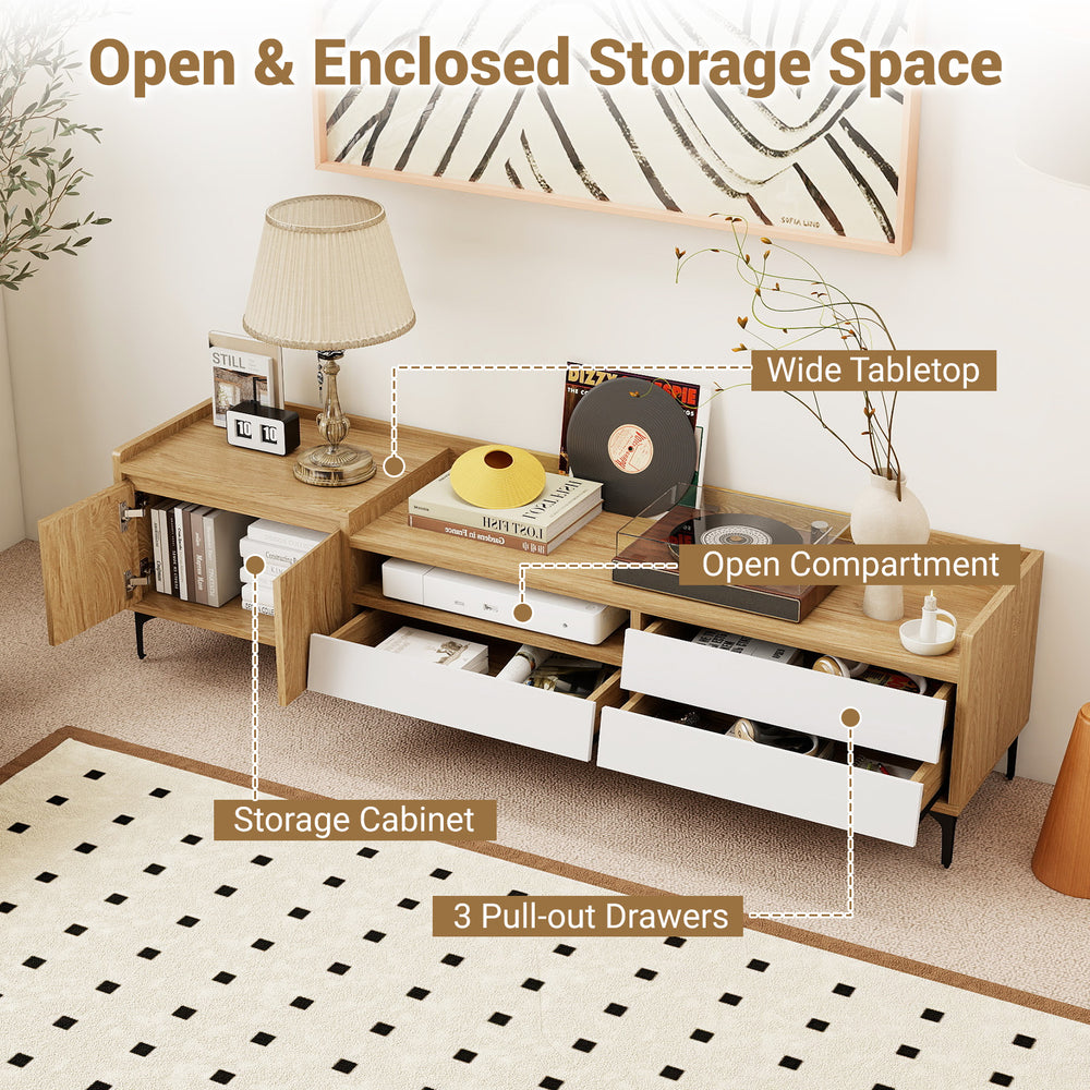 Mid-century modern TV stand with wide tabletop, storage cabinet, and three pull-out drawers for organized media storage.
