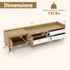 Dimensions of the mid-century modern TV stand with storage cabinet, featuring a 71" tabletop and 132 lbs weight.