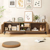 TV stand with waveform fluted doors, oak finish, and open shelves for media storage, suitable for TVs up to 70 inches.