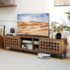 Walnut TV stand for TVs up to 80", featuring 2 doors, storage cabinets, and an artistic cut-out design for living rooms.